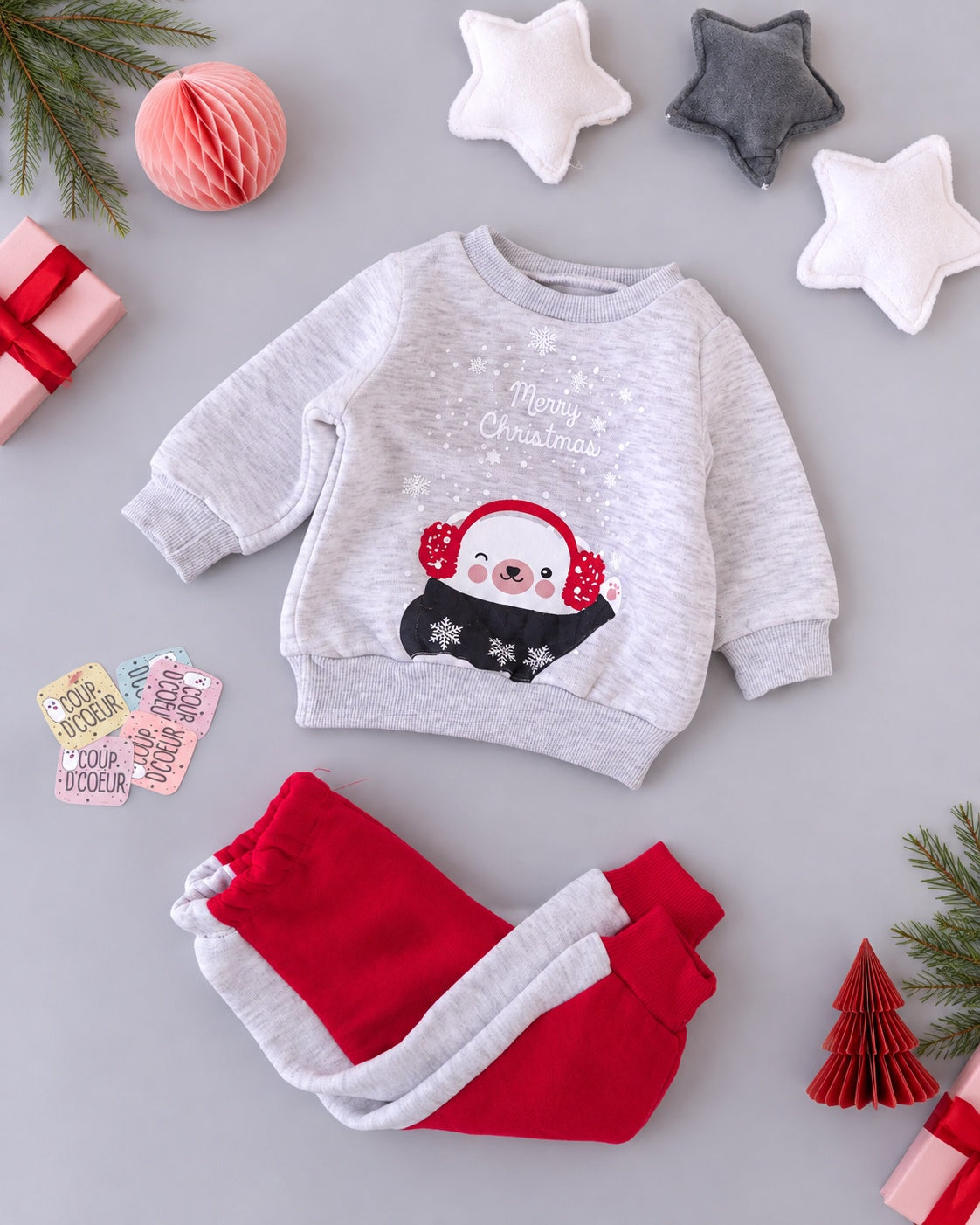 Merry Bear Set- Grey & Red Fleece Inside