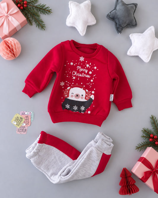 Merry Bear Set- Red & Grey Fleece Inside